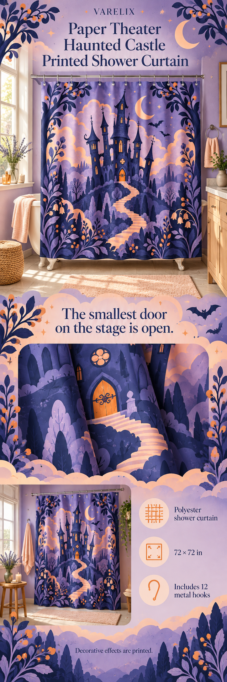 Paper Theater Haunted Castle Printed Shower Curtain by VARELIX, A+ detail poster with verified material, sizes and included items.