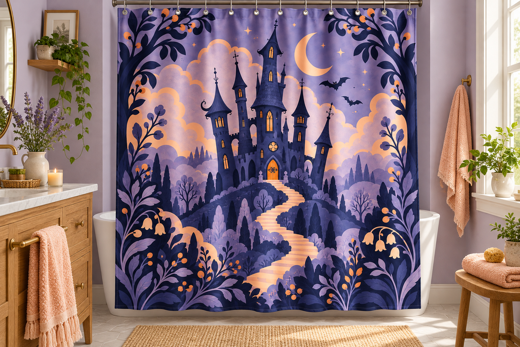 Paper Theater Haunted Castle Printed Shower Curtain, lifestyle view 1: Curtain fully drawn across a standard tub, nearly frontal view, entire square print readable, top rail and hooks cropped completely OUT OF FRAME; square print readable; no floor-length distortion.