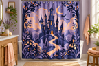 Paper Theater Haunted Castle Printed Shower Curtain, lifestyle view 1: Curtain fully drawn across a standard tub, nearly frontal view, entire square print readable, top rail and hooks cropped completely OUT OF FRAME; square print readable; no floor-length distortion.