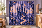 Paper Theater Haunted Castle Printed Shower Curtain, lifestyle view 2: Three-quarter view of a standard tub and square curtain, upper hardware cropped OUT OF FRAME, full printed motif visible with soft vertical folds, no window or fixture passing through cloth.