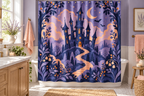 Paper Theater Haunted Castle Printed Shower Curtain, lifestyle view 3: A bright bathroom with square curtain as the dominant focal wall, medium-wide editorial view, top hardware deliberately cropped OUT OF FRAME, camera at natural eye level.