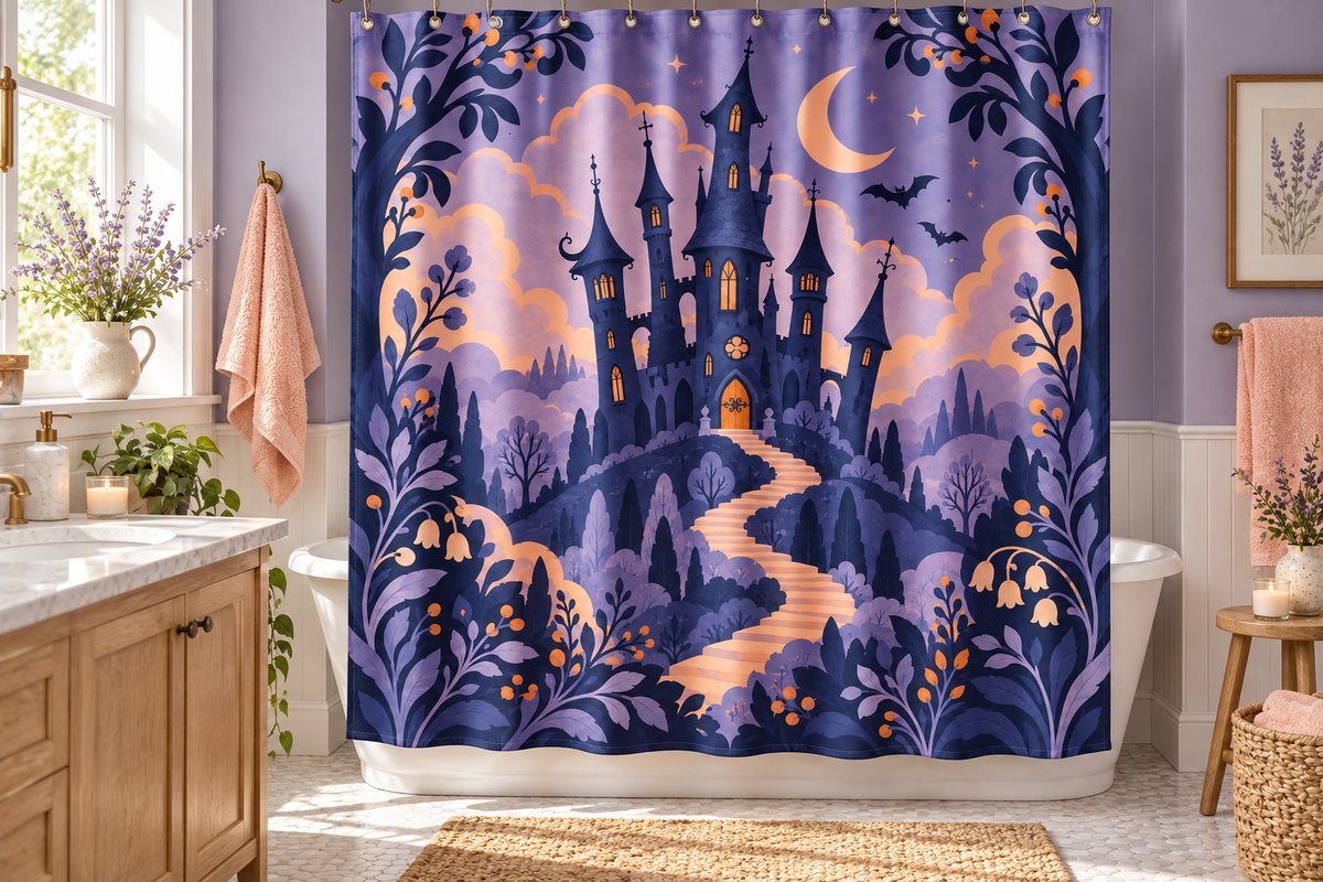 Paper Theater Haunted Castle Printed Shower Curtain, lifestyle view 3: A bright bathroom with square curtain as the dominant focal wall, medium-wide editorial view, top hardware deliberately cropped OUT OF FRAME, camera at natural eye level.