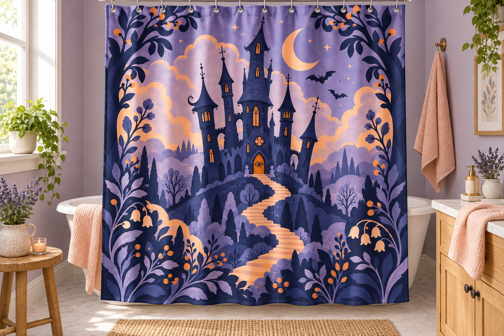 Paper Theater Haunted Castle Printed Shower Curtain, lifestyle view 4: Closer front-angle bathroom view focused on the full square printed curtain, restrained surroundings, realistic fabric folds without hiding the central design; top hardware cropped OUT OF FRAME.