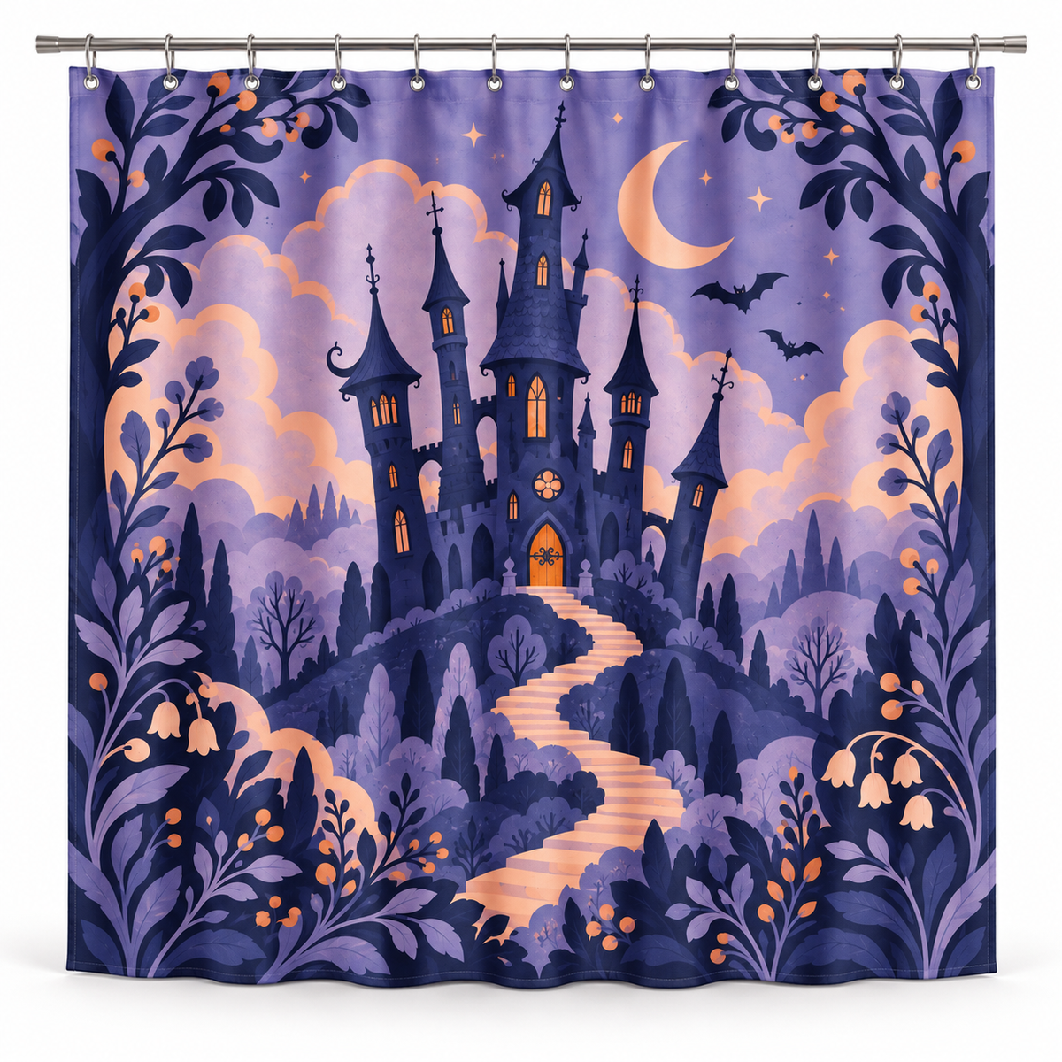 Paper Theater Haunted Castle Printed Shower Curtain on a white background, showing the complete printed design.