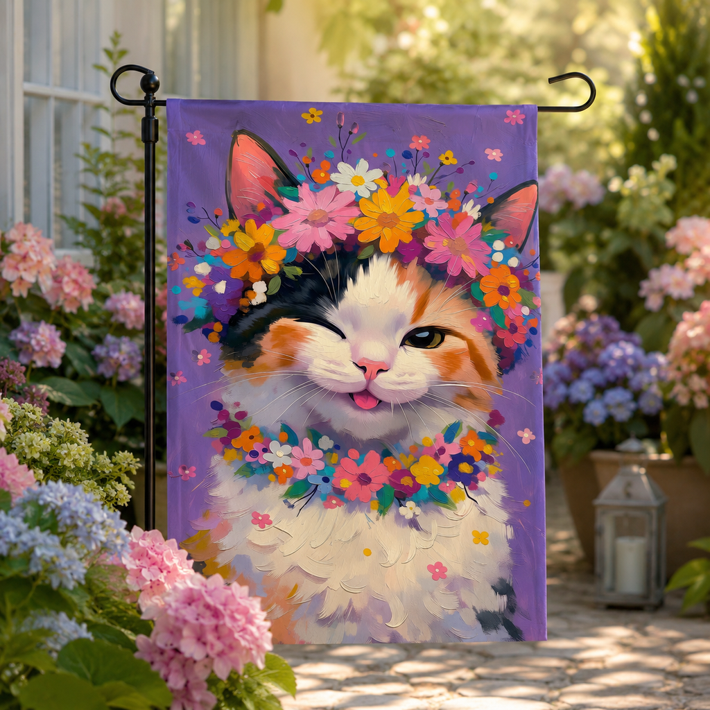 Floral calico cat garden flag displayed among blooming hydrangeas and pastel garden flowers in soft morning light.