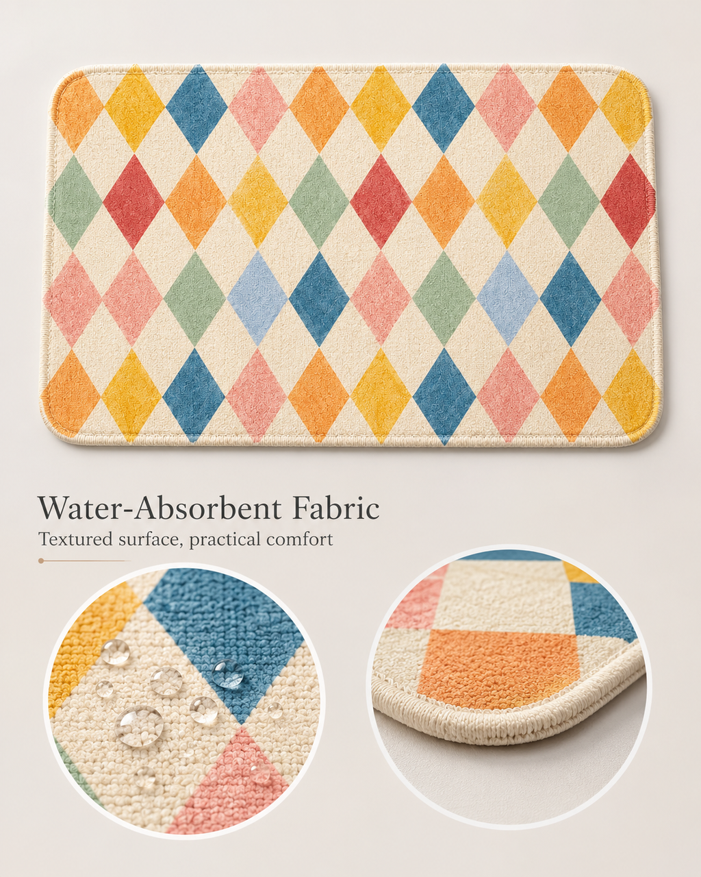 Pastel harlequin bath mat with water-absorbent surface and rounded edges.
