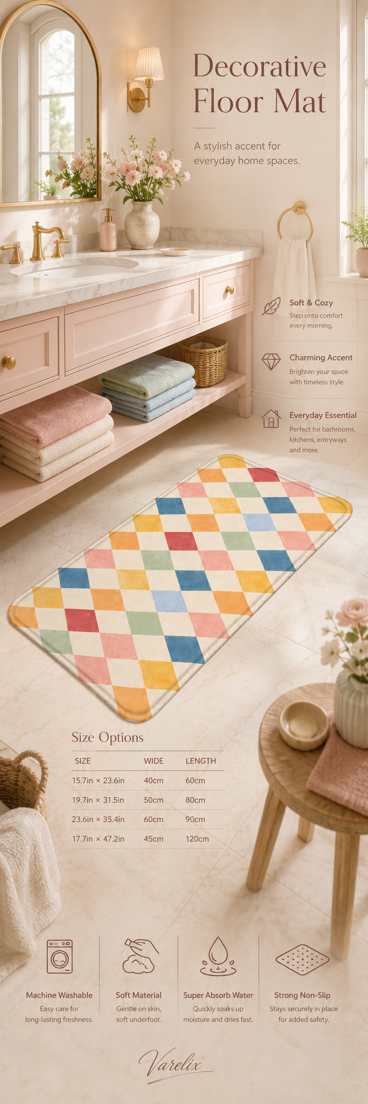 Pastel harlequin bath mat infographic with size and comfort details.