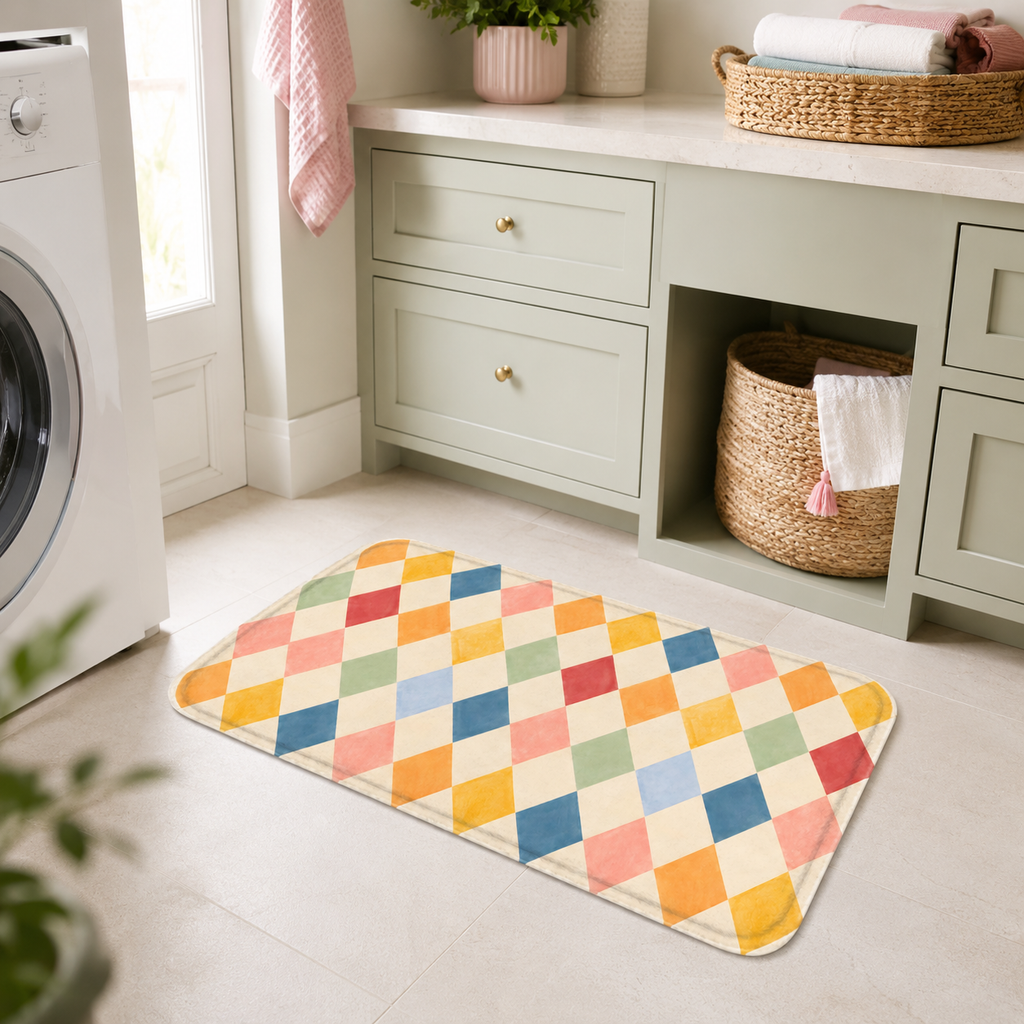 Pastel harlequin bath mat styled in a bright laundry room.