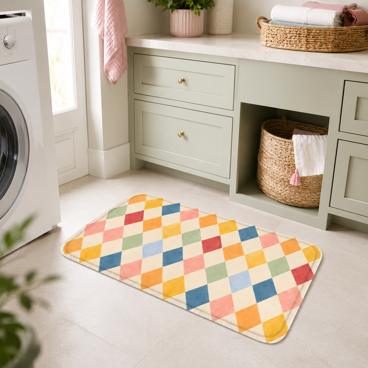 Pastel harlequin bath mat styled in a bright laundry room.