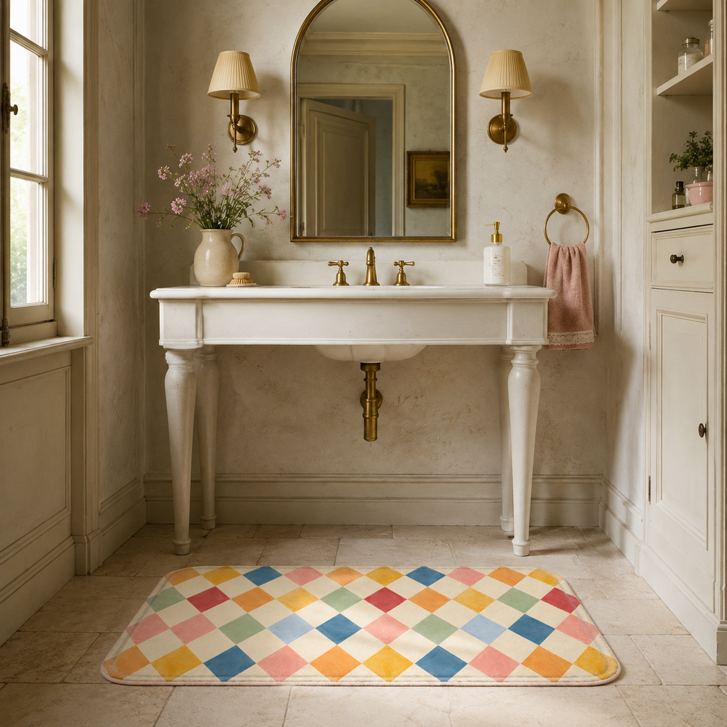 Pastel harlequin bath mat styled in front of a vintage bathroom sink.