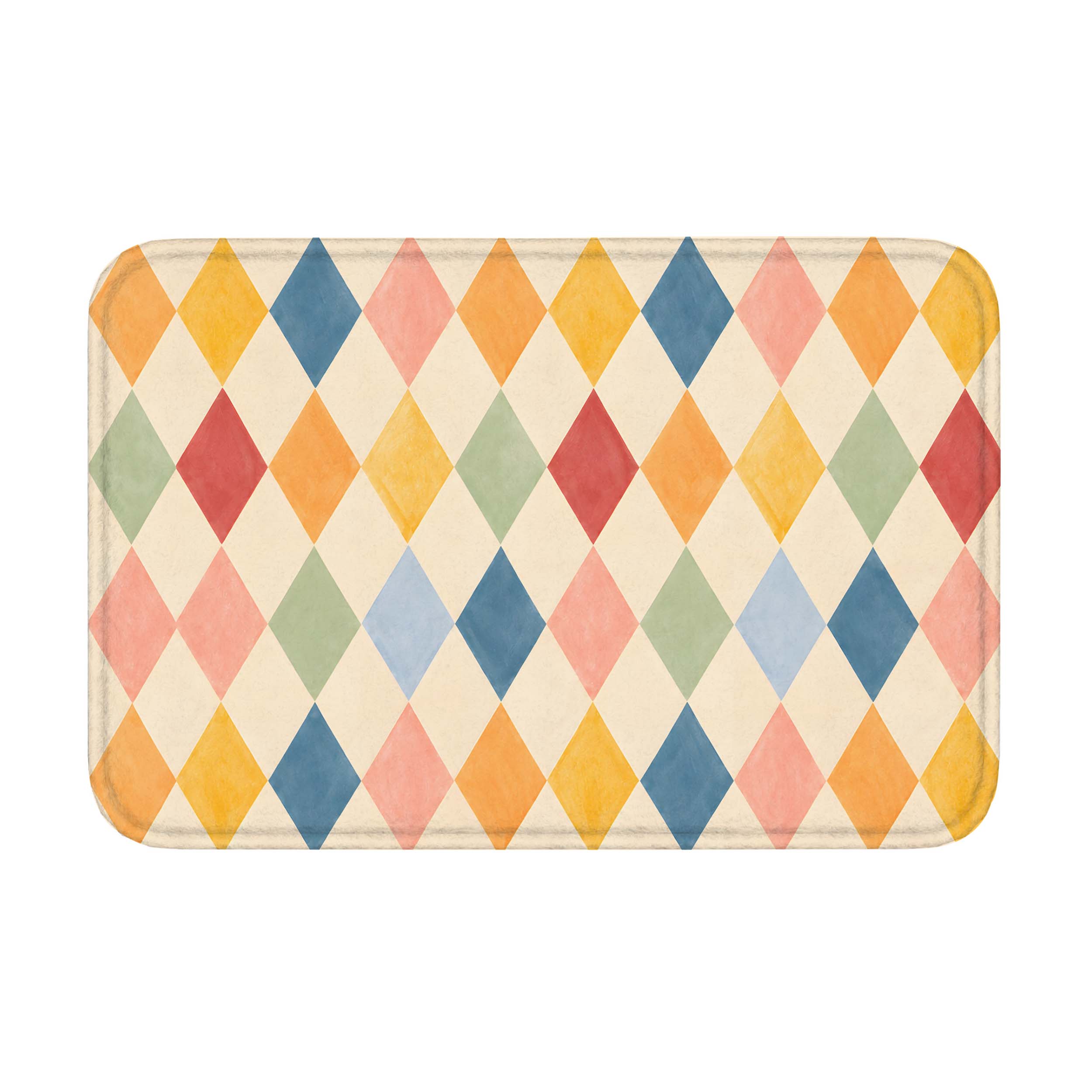 Pastel harlequin bath mat with colorful diamond pattern on cream background.