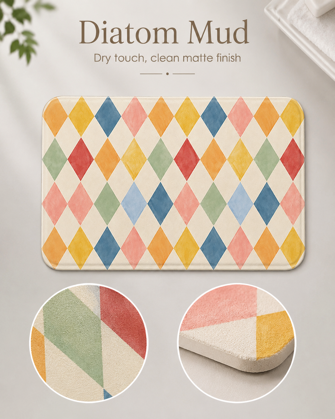 Pastel harlequin diatom mud bath mat with clean matte texture details.