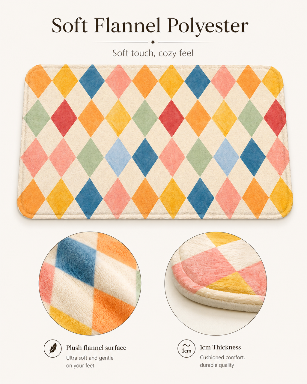 Pastel harlequin bath mat with soft flannel polyester texture details.