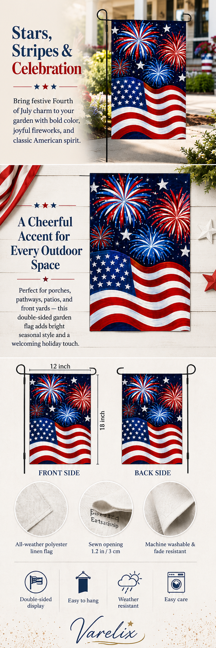 Detailed 12 by 18 inch double-sided patriotic garden flag product description infographic highlighting weather-resistant fabric and premium quality by Varelix.
