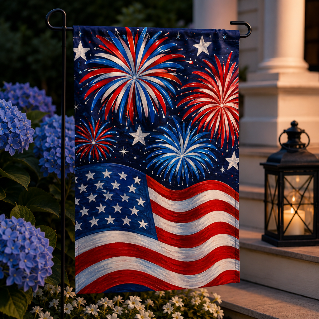 Patriotic 4th of July garden flag featuring vibrant red, white, and blue fireworks above the American flag, displayed next to a lit vintage lantern on porch steps with blue hydrangeas.