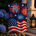 Patriotic 4th of July garden flag featuring vibrant red, white, and blue fireworks above the American flag, displayed next to a lit vintage lantern on porch steps with blue hydrangeas.