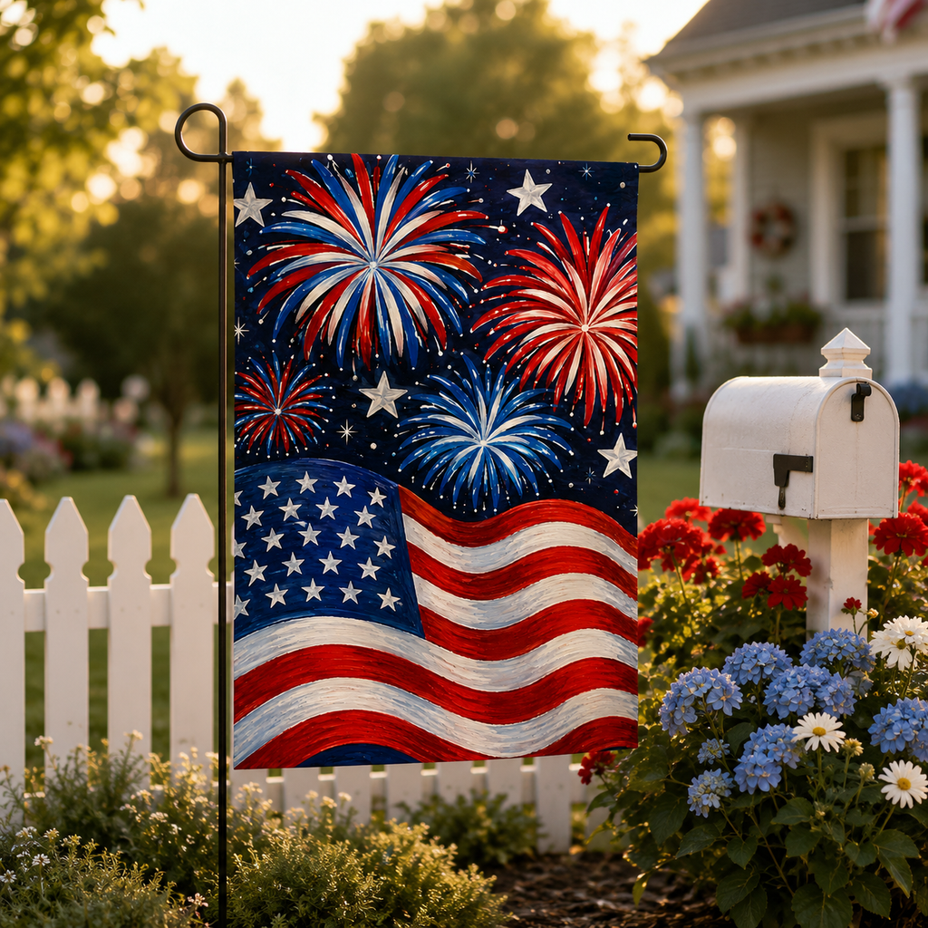 Independence Day USA flag garden flag placed in a front yard by a traditional white mailbox, white picket fence, and blooming red and blue flowers during golden hour.