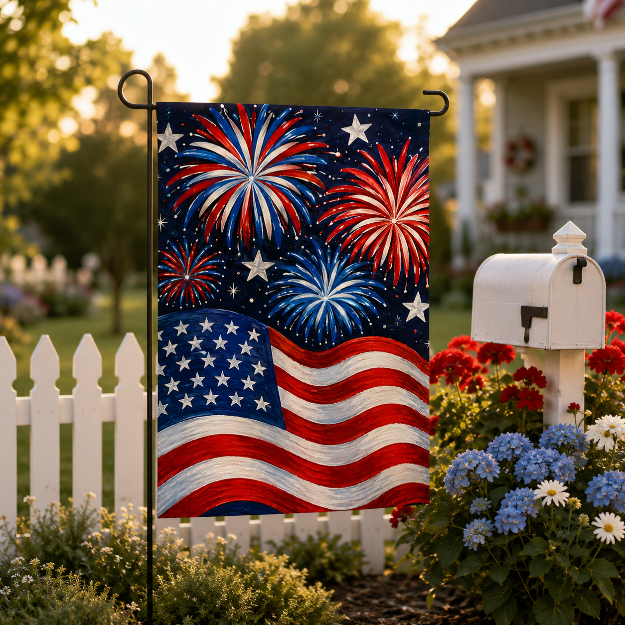 Independence Day USA flag garden flag placed in a front yard by a traditional white mailbox, white picket fence, and blooming red and blue flowers during golden hour.