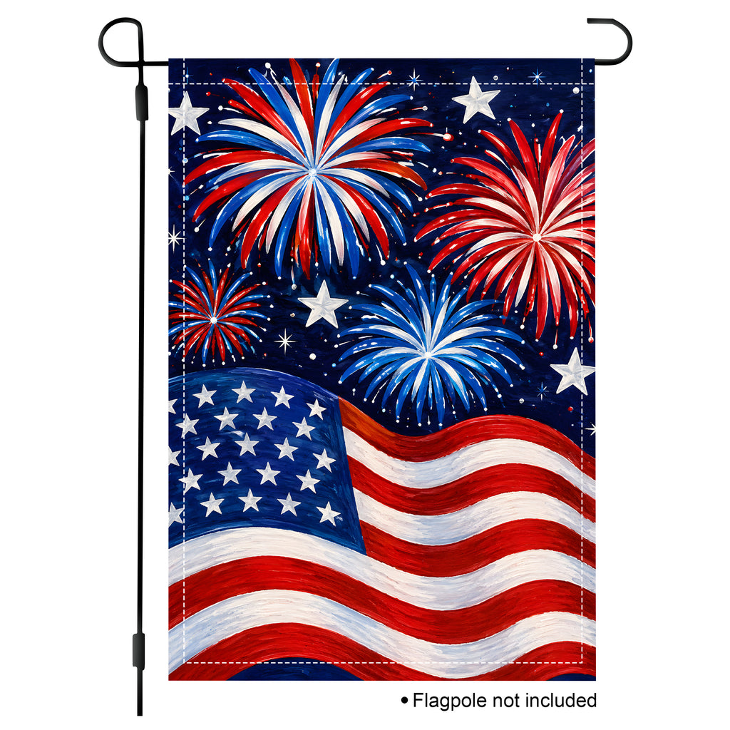Vertical standard size patriotic fireworks and USA flag festive garden flag mockup isolated on a clean white background with a flagpole.