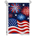Vertical standard size patriotic fireworks and USA flag festive garden flag mockup isolated on a clean white background with a flagpole.