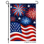 Vertical standard size patriotic fireworks and USA flag festive garden flag mockup isolated on a clean white background with a flagpole.