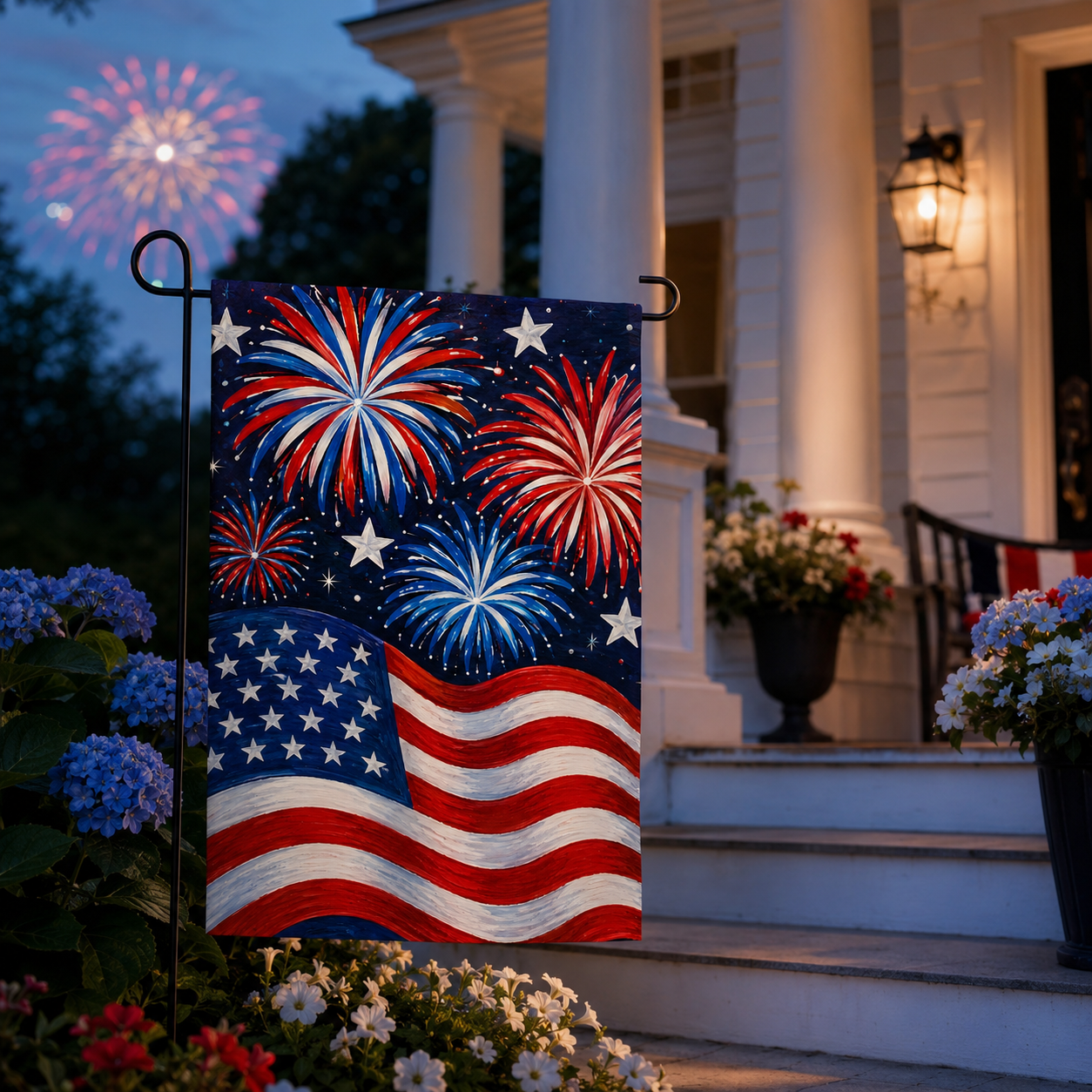 Festive American flag and fireworks holiday flag standing in front of a white house at twilight with real celebratory fireworks exploding in the distant sky.