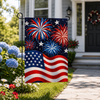 Memorial Day decorative garden flag on a metal stake along a sunny stone paver walkway leading to a house front door with hydrangeas and daisies.