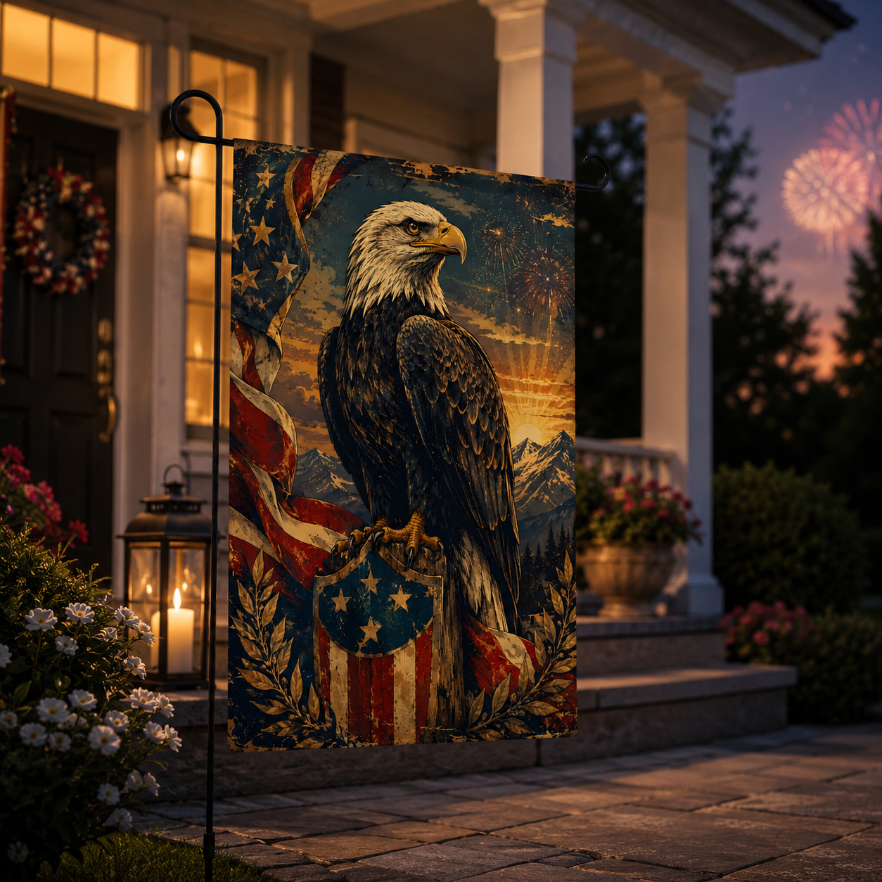 Independence day themed bald eagle garden flag on a metal stand at dusk with distant celebratory fireworks exploding over a country house porch.