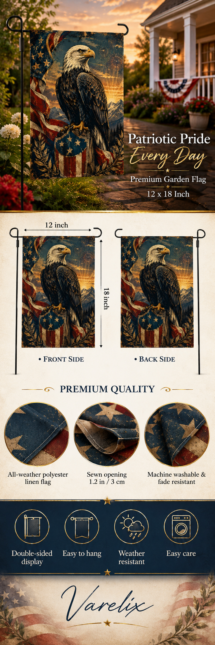 Product infographic layout for a 12 by 18 inch Varelix premium bald eagle garden flag highlighting its double-sided display and weather-resistant fabric.