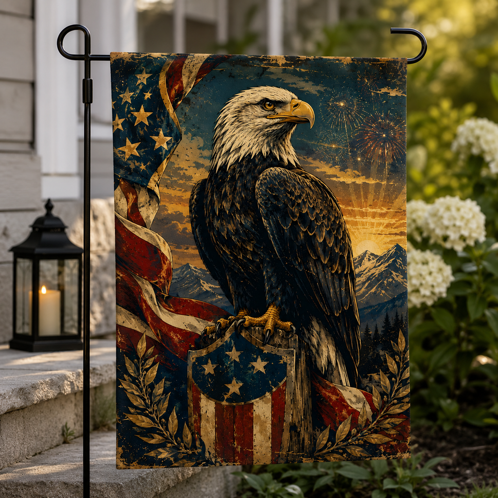 Vintage patriotic garden flag displaying a majestic bald eagle perched on an American shield with a lit lantern on stone porch steps.