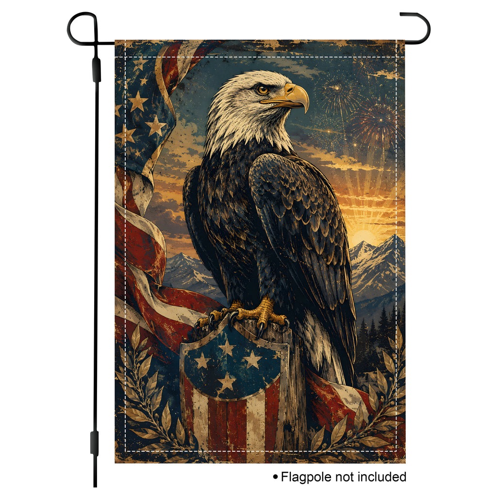 Isolated white background mockup of a vertical Fourth of July garden flag featuring a rustic bald eagle design and a dramatic sunset mountain background.