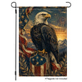 Isolated white background mockup of a vertical Fourth of July garden flag featuring a rustic bald eagle design and a dramatic sunset mountain background.