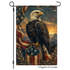 Isolated white background mockup of a vertical Fourth of July garden flag featuring a rustic bald eagle design and a dramatic sunset mountain background.