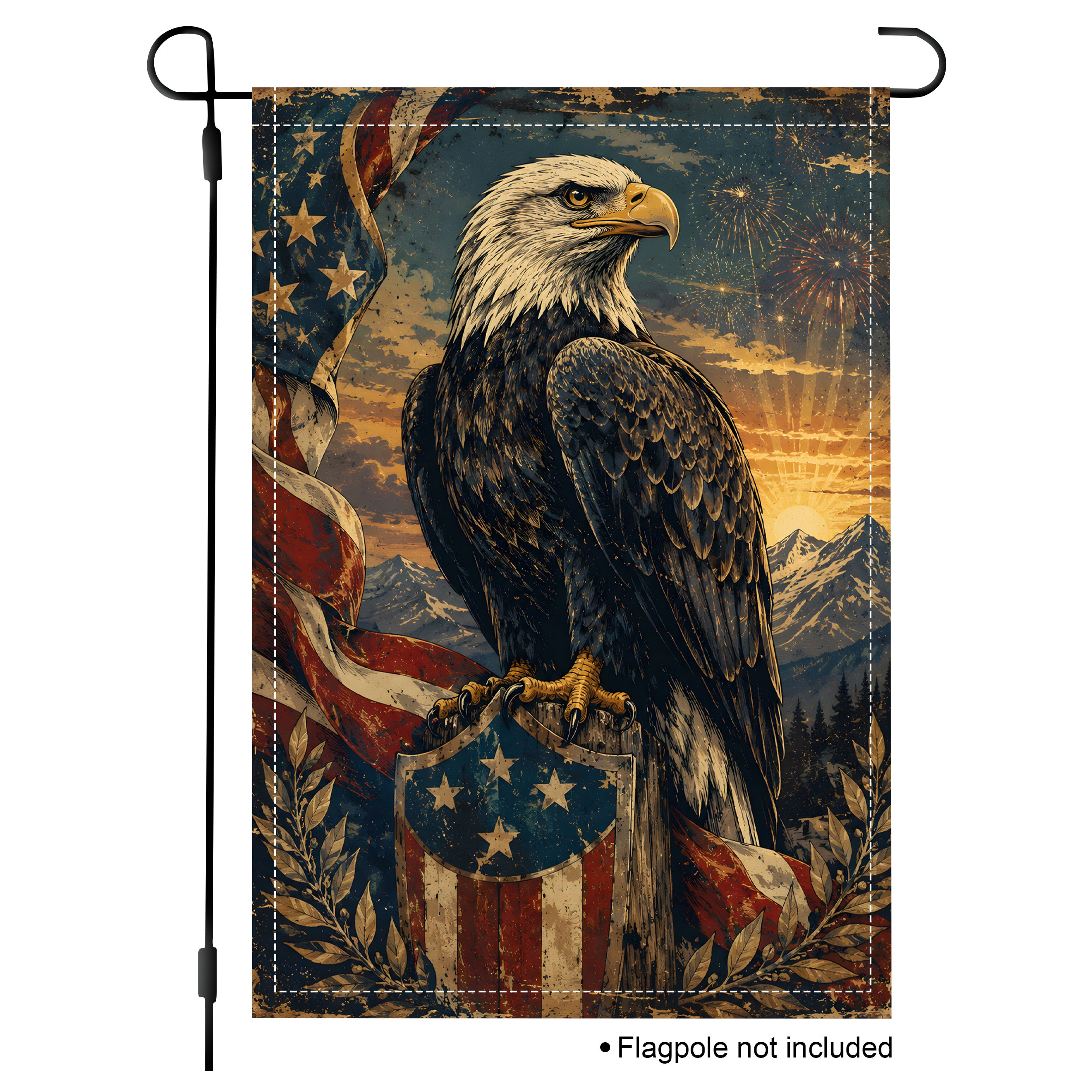 Isolated white background mockup of a vertical Fourth of July garden flag featuring a rustic bald eagle design and a dramatic sunset mountain background.