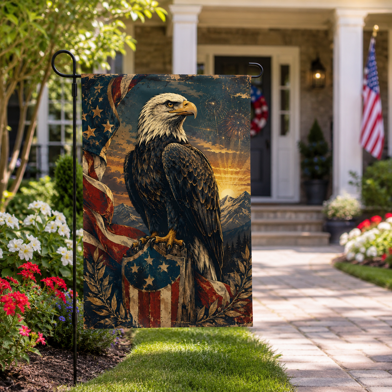 Vintage style American eagle garden flag standing next to a stone walkway leading to a house with a flag hanging on the porch.