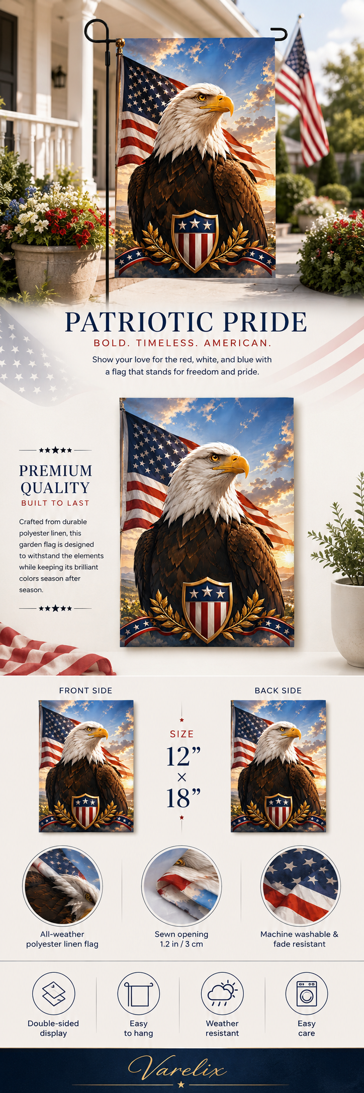 Premium 12 by 18 inch double-sided eagle flag product description infographic showing material durability features by Varelix.
