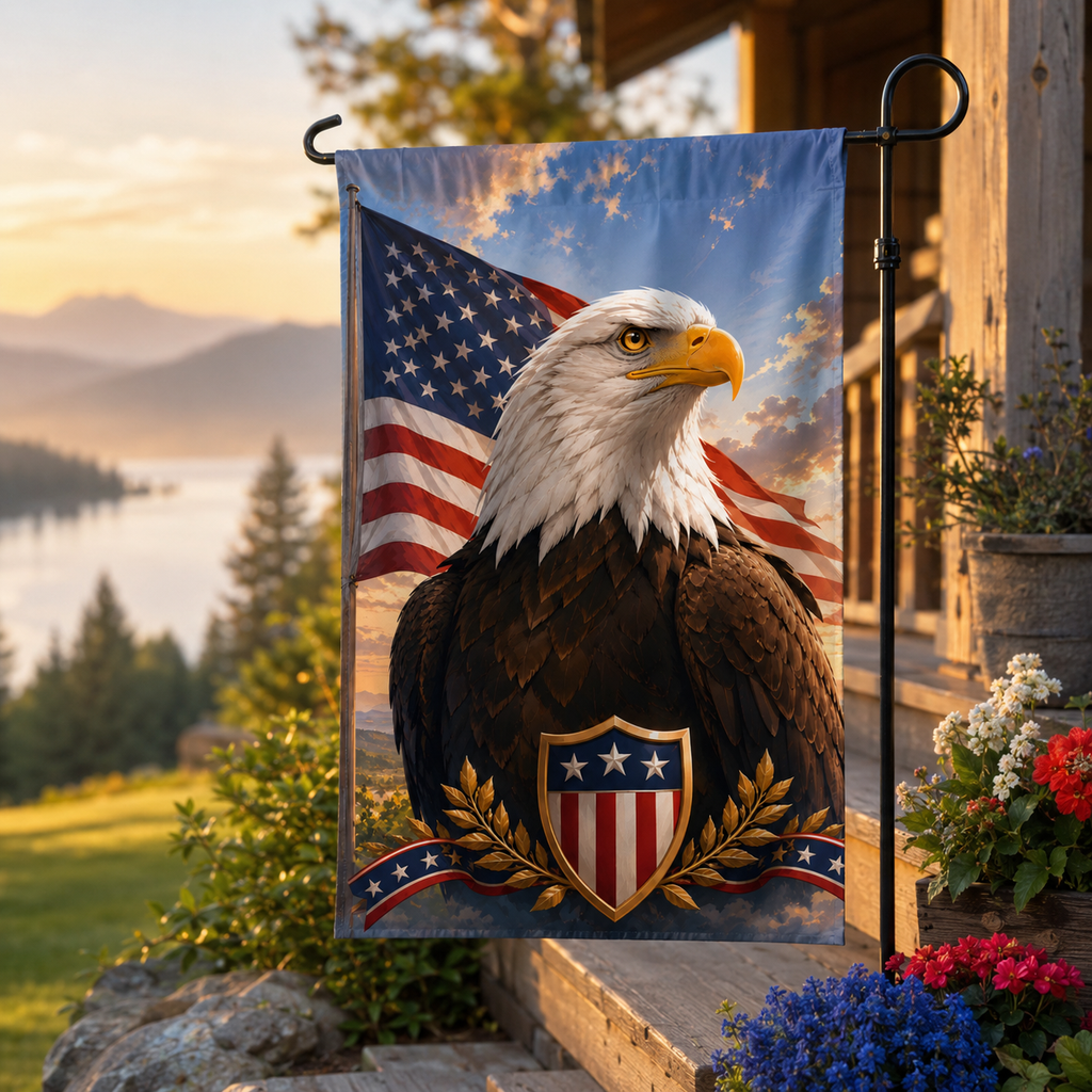 Regal bald eagle shield garden flag standing next to a rustic wooden porch with a sunset lake and mountain landscape view.
