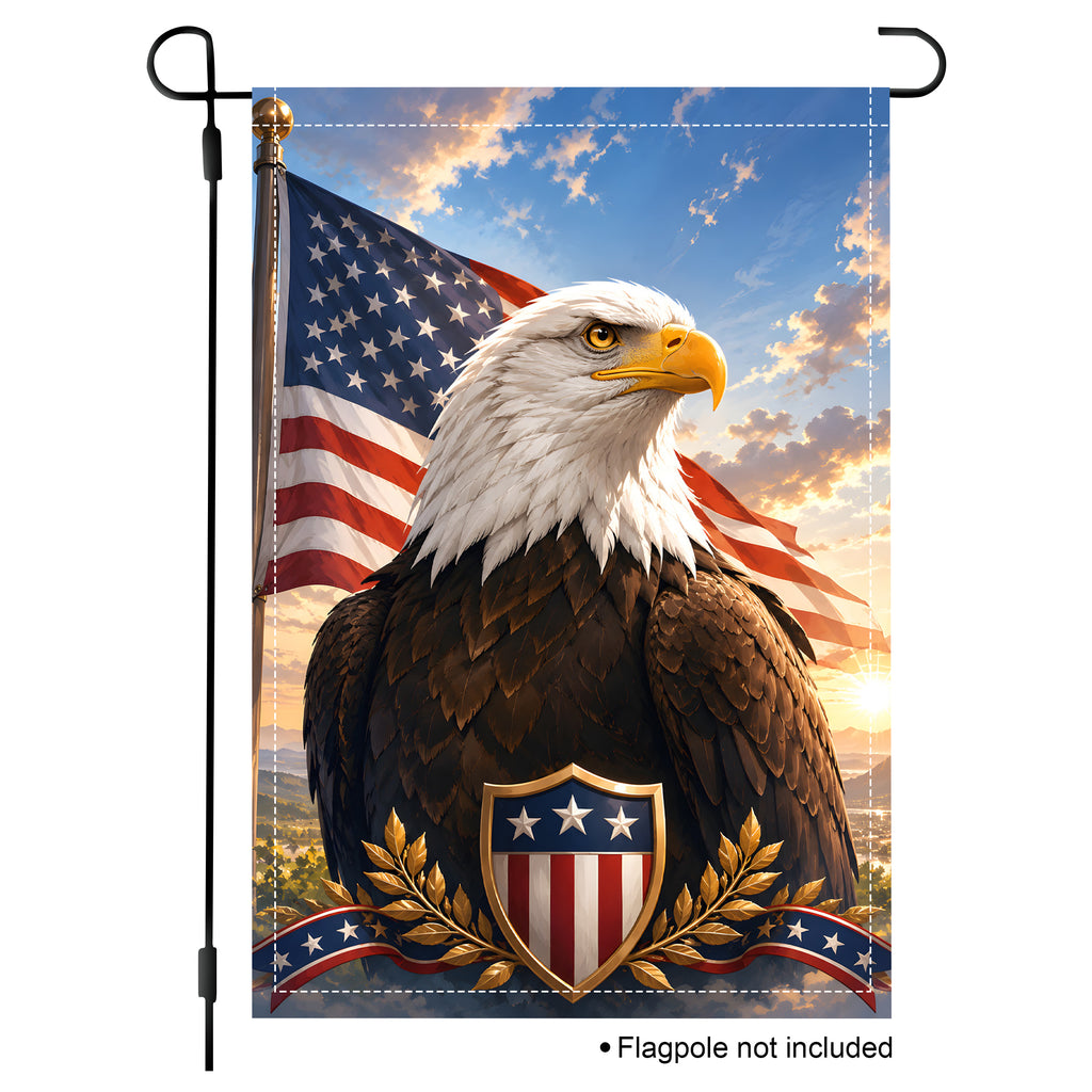 Vertical standard size patriotic eagle portrait garden flag mockup isolated on a solid white background.