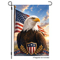 Vertical standard size patriotic eagle portrait garden flag mockup isolated on a solid white background.