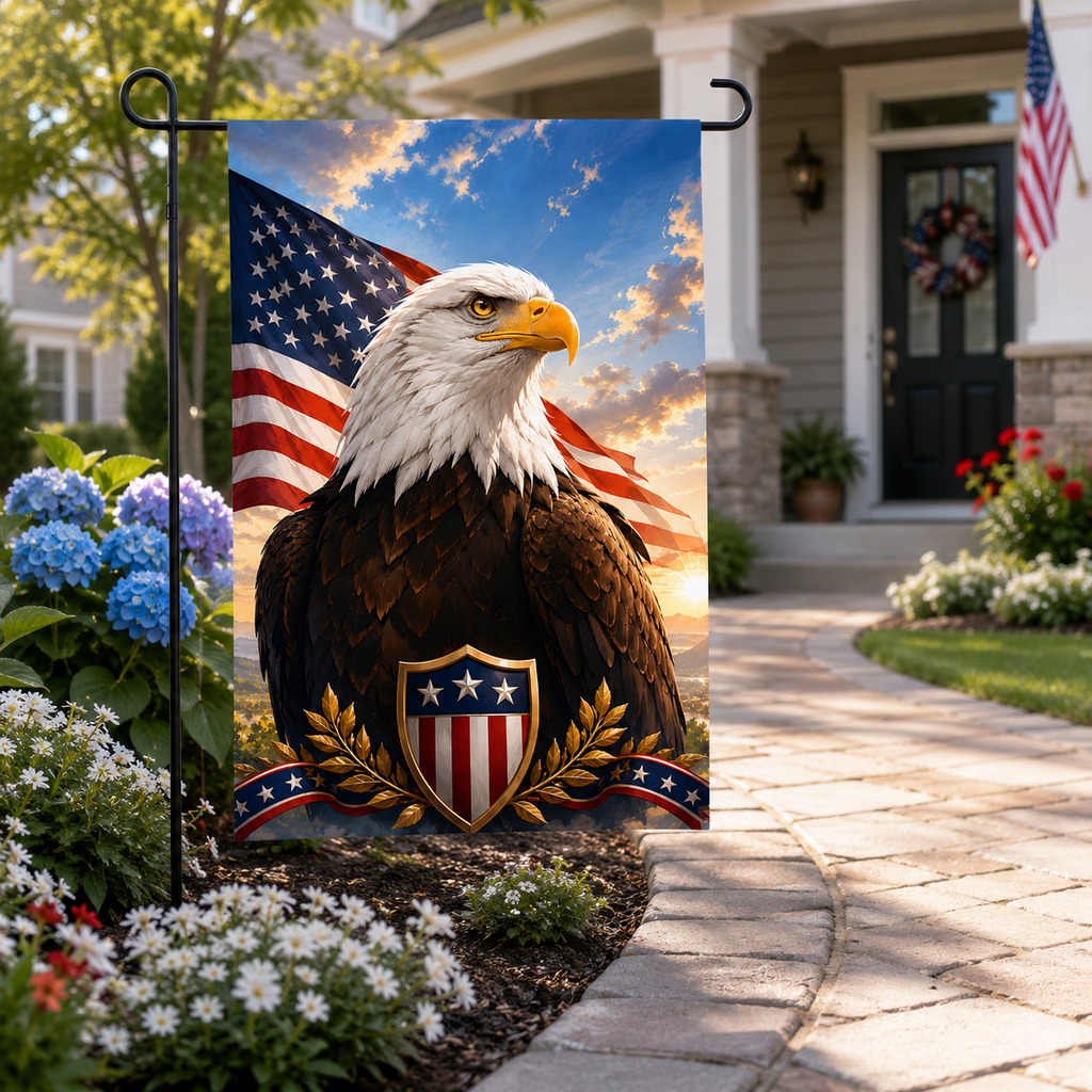 US flag eagle crest garden flag hanging on a black metal stake along a stone paver walkway leading to a house front door.