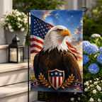 Majestic american eagle decorative flag positioned by concrete steps, a black lantern, and beautiful blue hydrangea bushes.