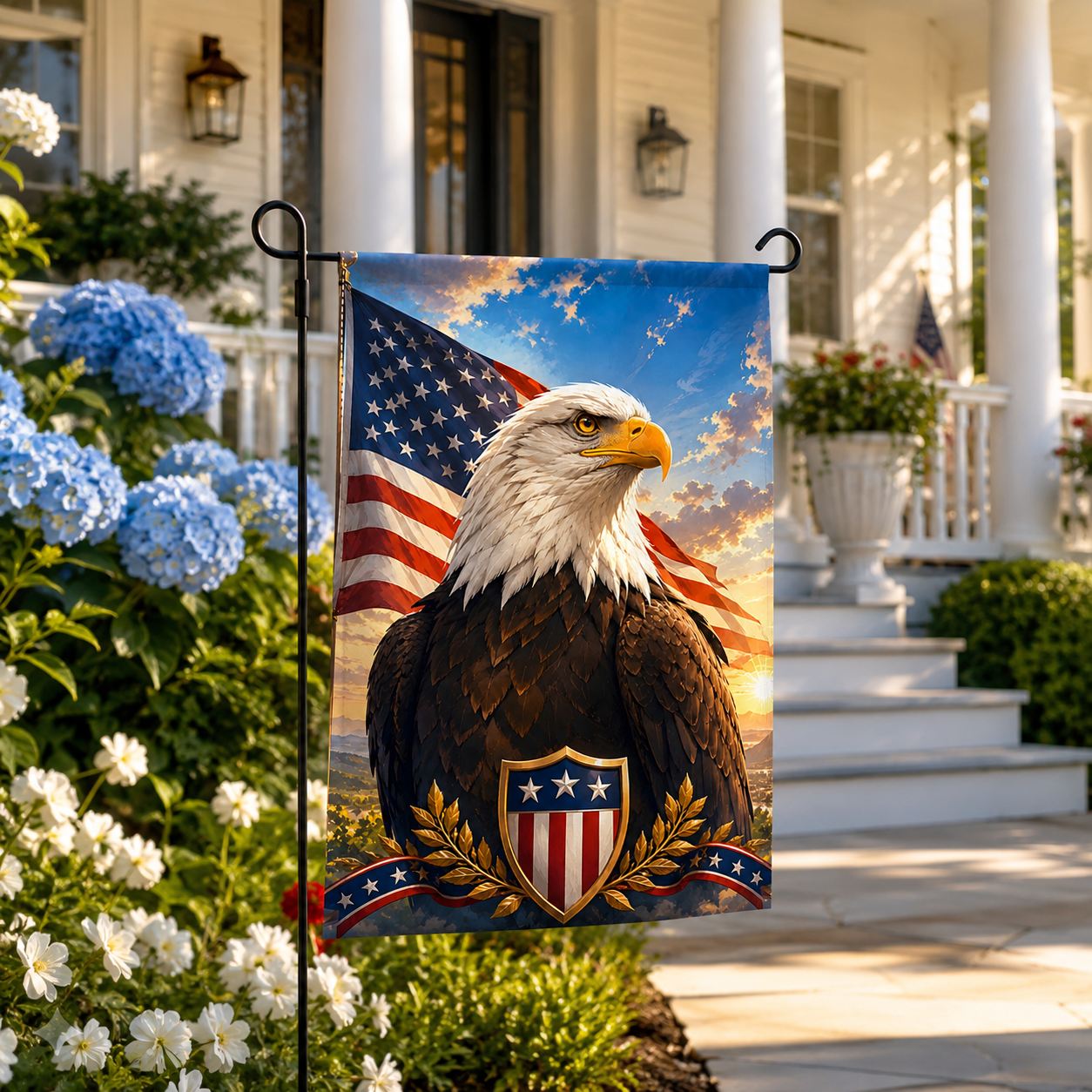 Patriotic garden flag featuring a proud bald eagle portrait with a shield crest and an American flag background, displayed near white porch columns.