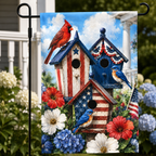 Close up look of the patriotic birdhouse garden flag showcasing the vibrant print of birds and flowers.