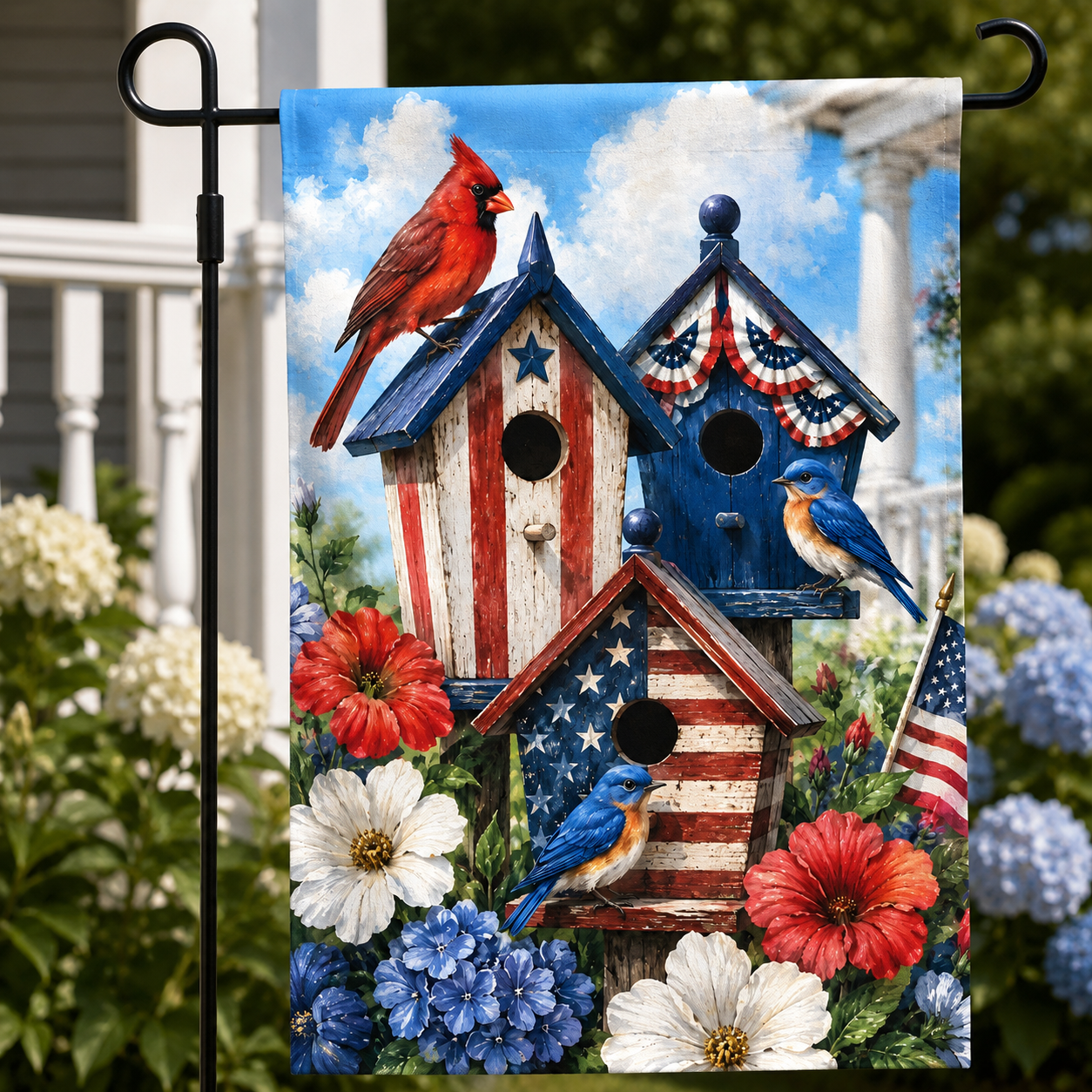Close up look of the patriotic birdhouse garden flag showcasing the vibrant print of birds and flowers.