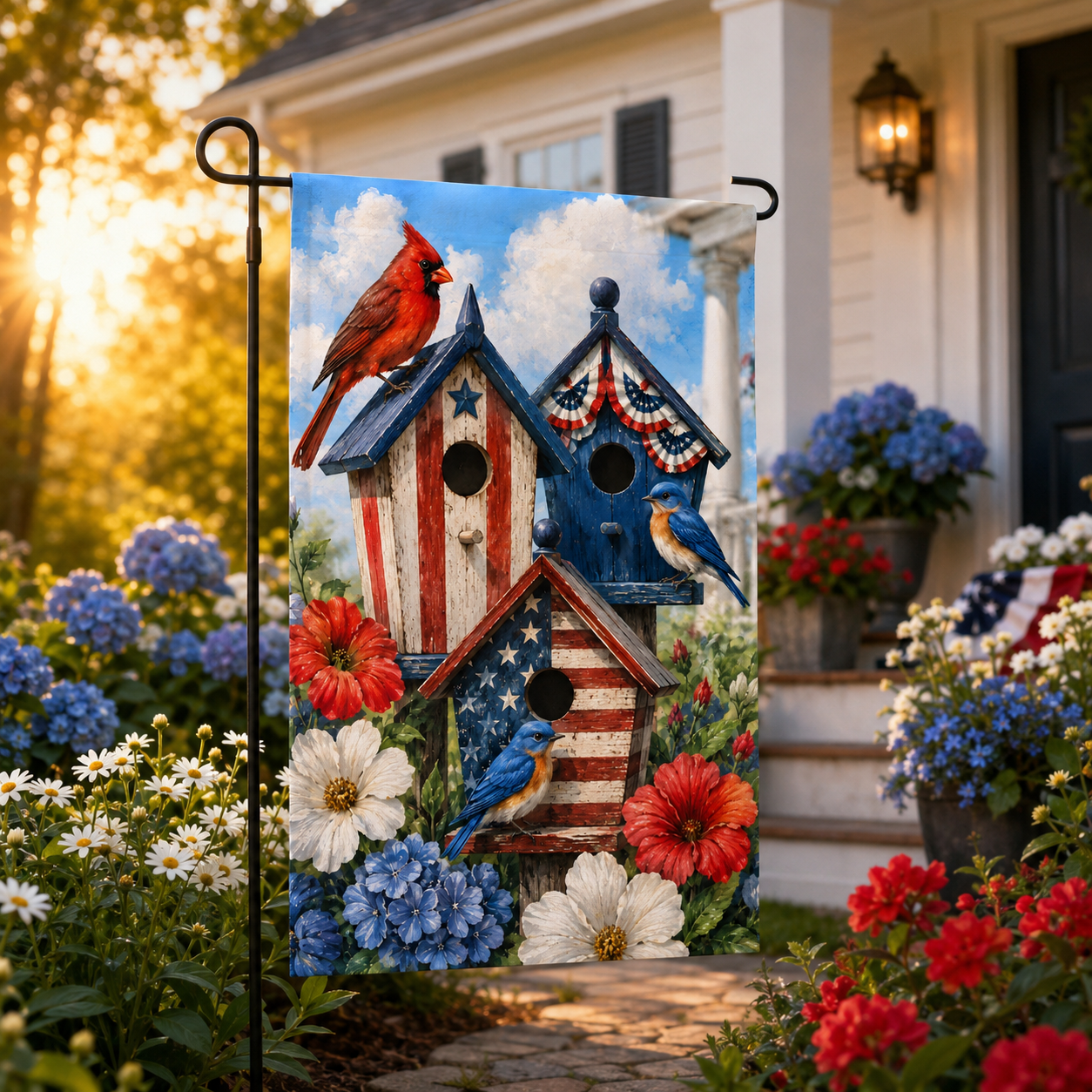American flag themed birdhouse garden flag welcoming guests on a sunny front yard stone pathway.