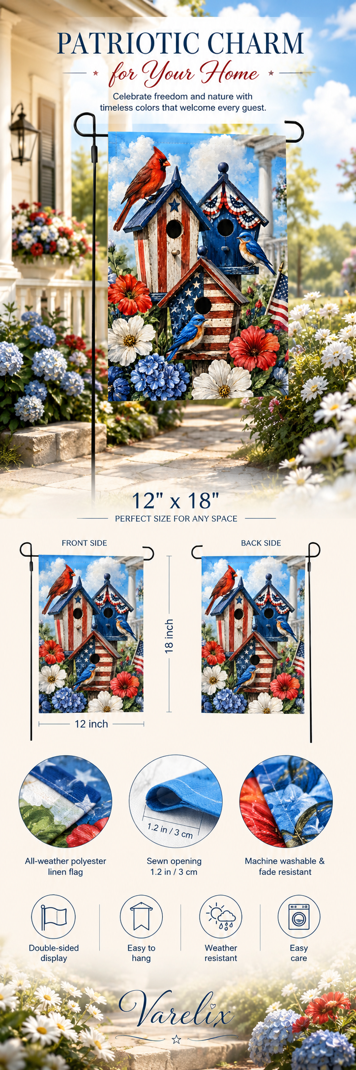 Product infographic for the 12 by 18 inch double sided patriotic birdhouse garden flag with fabric details.