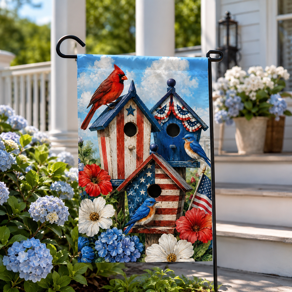 Patriotic birdhouse garden flag displayed on a black metal stand next to blue hydrangeas on a porch.