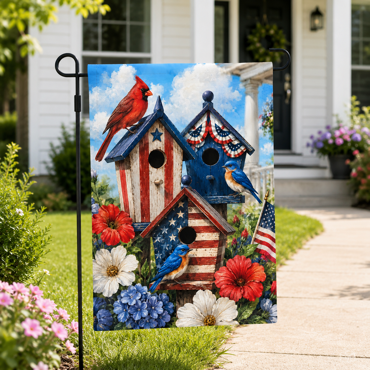Fourth of July birdhouse garden flag standing on a green lawn next to a concrete garden walkway.