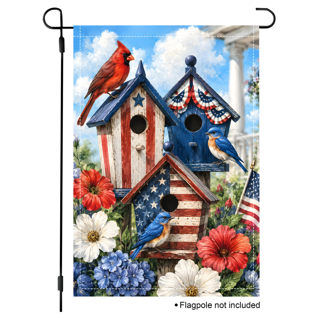 Patriotic garden flag featuring red cardinal and bluebirds perched on American flag themed birdhouses with summer flowers.