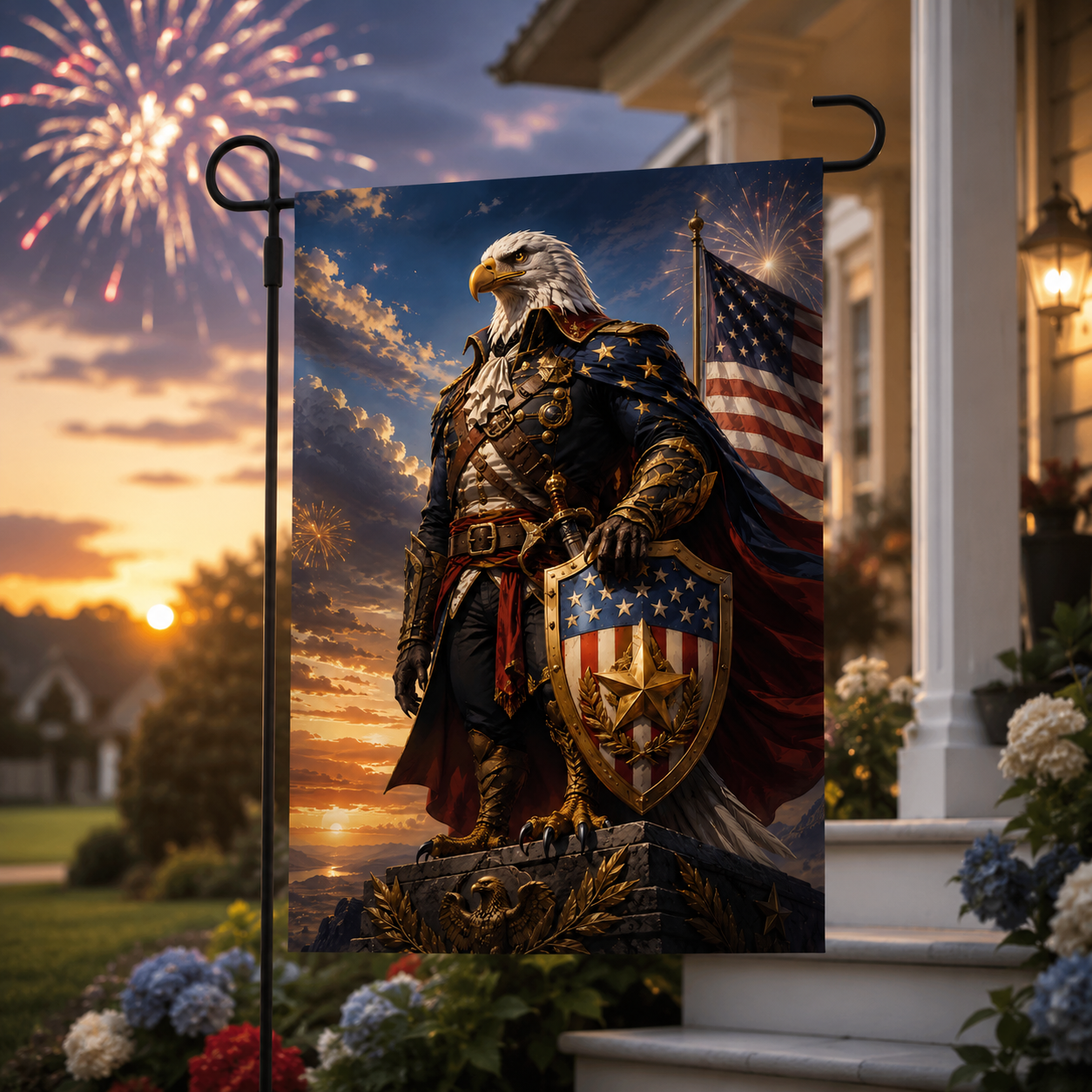 Freedom eagle warrior garden flag displayed on the lawn with brilliant celebratory fireworks lighting up the evening sky.